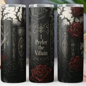 I Prefer The Villain Tumbler - Black Design with Rose Motif and Elegant Text Style