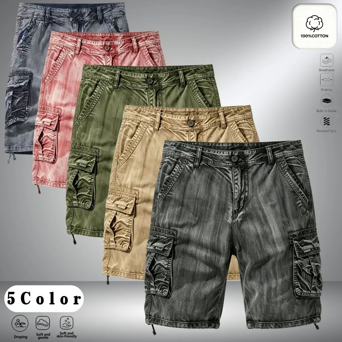 Menswear Men’s Washed Work Cargo Shorts - Mid-Length Straight Cut, High-Street Style Denim, 3D Side Pockets
