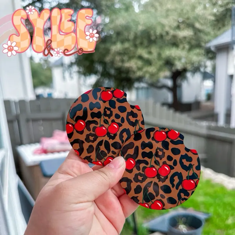 Leopard Cherry Car Coasters | Set of 2 interior girly round accessories