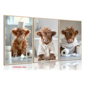3-Piece Set, Highland Cow Bathroom Wall Art, Brown, Cute Animal Prints, Cute Cow Pattern, Wall Decor, Cows, Rustic Farmhouse Style Posters, Printed Artwork, For Kids' Rooms, Nurseries, Bathrooms, Home Decor, Frameless