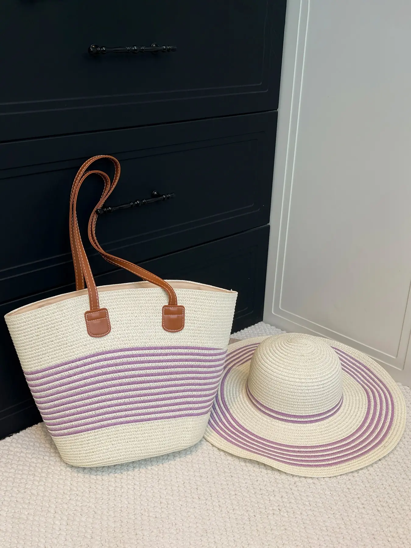 1pc Ladies' fashionable, simple and casual retro striped design straw woven bag combination with straw hat suitable for daily commuting, beach vacation, summer essential ladies' shoulder bag set Bohemian Crossbody Bag Daily Commuter Bag