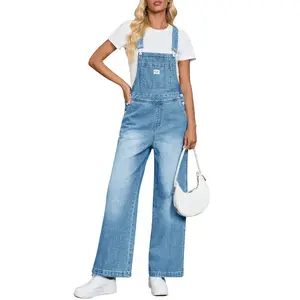 Women's Denim Bib Overalls Casual Adjustable Strap Wide Leg Jean Jumpsuits Loose Fit Long Rompers with Pockets