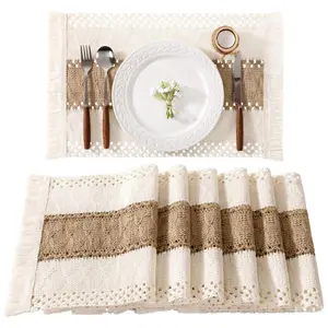 6PCS Boho Placemats Washable Cotton Burlap Farmhouse Table Mats Macrame Woven Dinner Table Decor Centerpiece for Party Home Decor