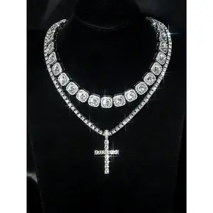 Iced Out Tennis Necklace And Cross Pendant Set With Sugar Chain Set For Men And Women For Party And Daily Decor gifts3
