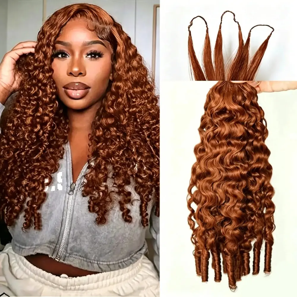 Gabrielle Hair Store 33# Reddish Brown Burmese Curly Crochet Human Hair Knotless Pre-Separated Feather Crochet Braids Invisible Miracle Knots Reusable Human Crochet Hair Extensions For Black Women