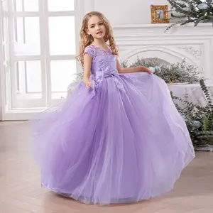 Lavender Floral Lace Flower Girl Dress, Long Puffy Tulle Ball Gown for 8-14 Years Old Girls Party Performance 23668