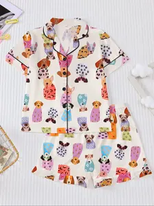 Fire Retardant Pajama Set, Cute Cartoon Dog Print, Short Sleeve Shorts, Loose Fit, Casual Home Wear, Loungewear, All Seasons