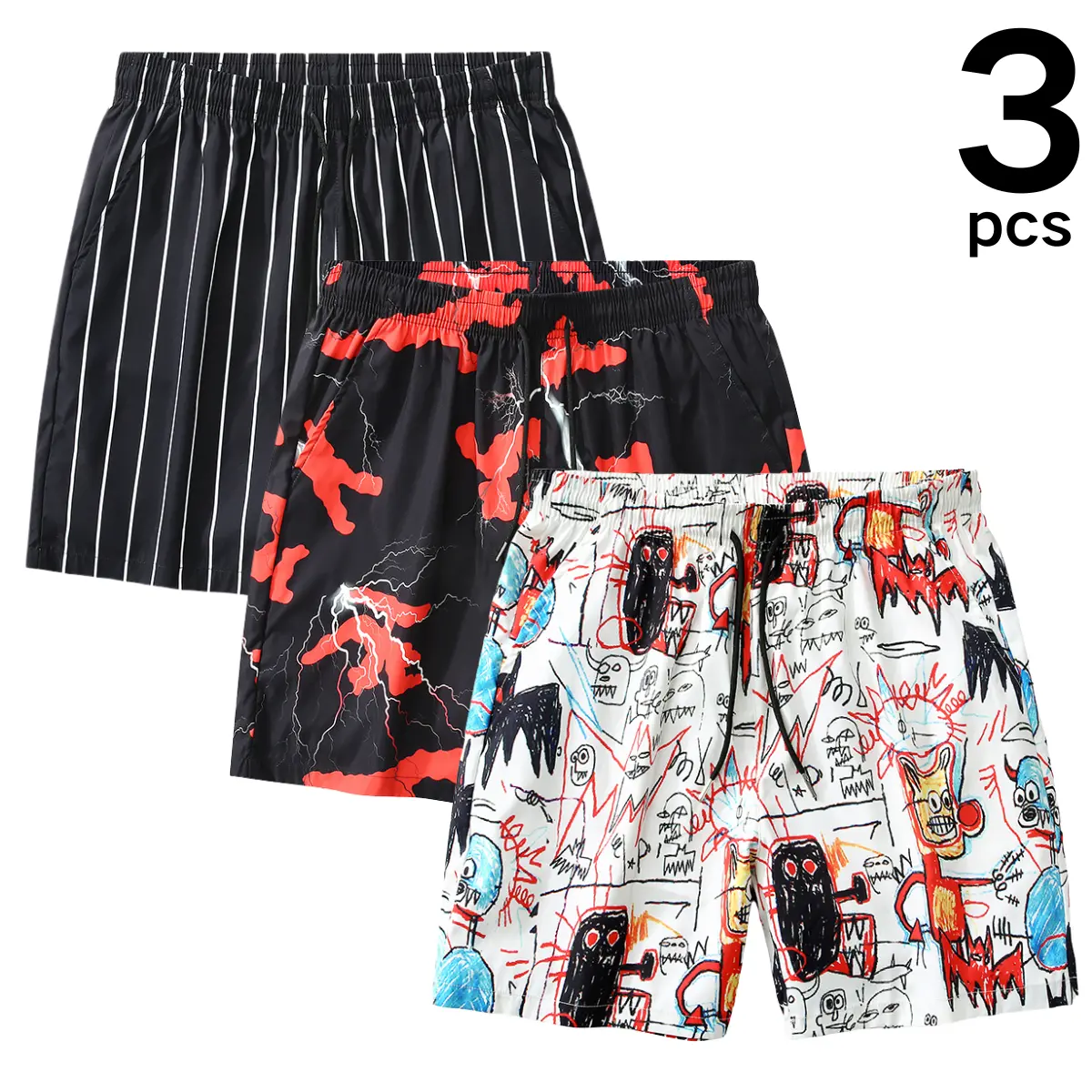 Men's graffiti pattern shorts, featuring an elastic drawstring waistband and slant pockets, perfect for a casual summer style.