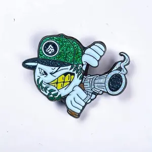 Baseball hat pin Funny Enamel Pin - Unique Design with Character Wearing Green Cap and Holding Object