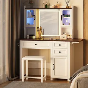 IRONCK Modern Farmhouse Style Makeup Vanity Set With Mirror And Lights, Adjustable Brightness, Vanity Desk With Built-in Tempered Glass, Folding Panel, Power Outlet And Vanity Stool