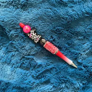 Leopard Print Easter Bunny Focal Bead Pen with Hot Pink Accents, Pink Body, and Decorative Beads