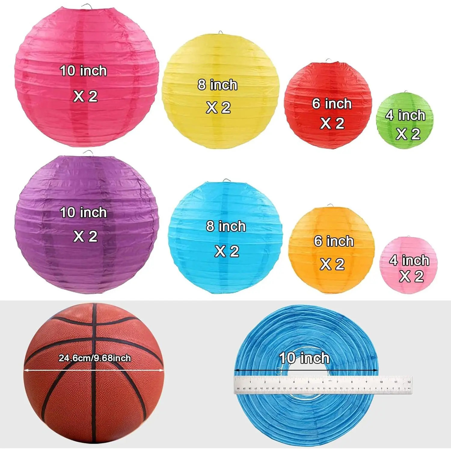 LURICO 16 Pcs Colorful Paper Lanterns (Multicolor,Size of 4", 6", 8", 10") - Chinese/Japanese Paper Hanging Decorations Ball Lanterns Lamps for Home Decor, Parties, and Weddings