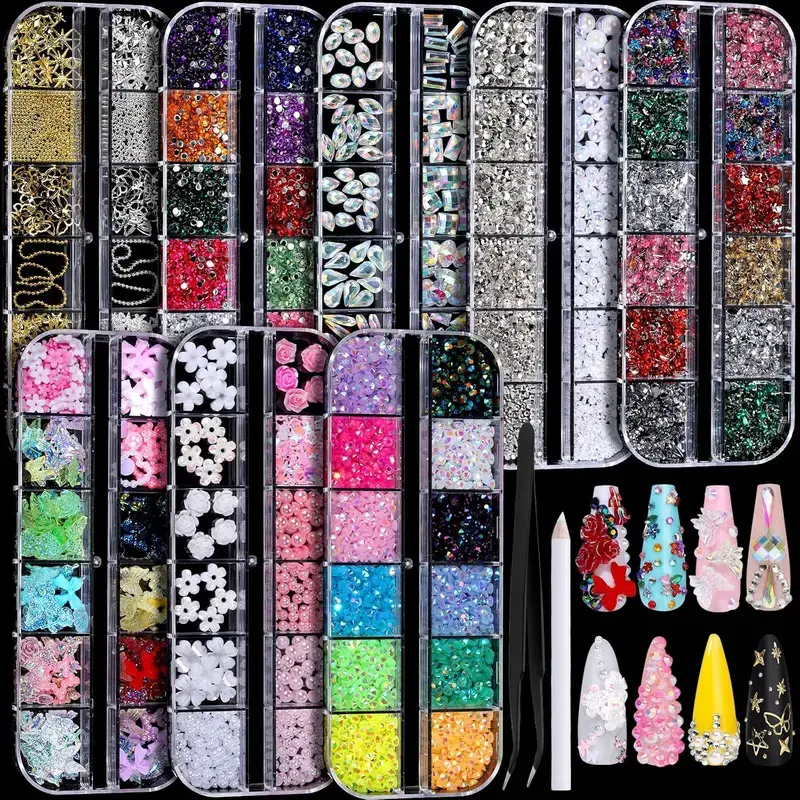 Nail Rhinestones Kit with 8 Boxes of Nail Gems, Nail Charms, 3D Charms for Nails, Colorful Clear Flatback Rhinestones, Charms Y2K for Nails, Multi Shape Pearls Jewels for Crafts mid year sale