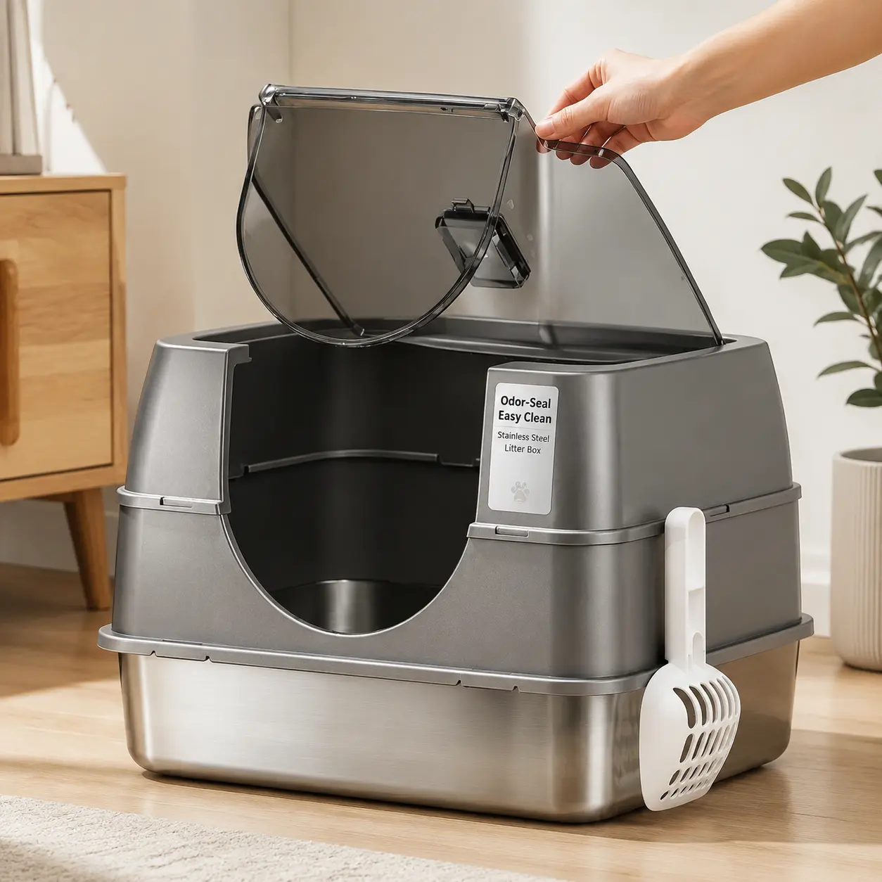Stainless Steel Cat Litter Box - Large High-Sided Metal Litter Pan with Lid, Detachable Wall Design, Anti-Urine Leakage, Odor-Resistant, Non-Stick, Easy-to-Clean, Includes Cat Mat & Scoop cat litter box stainless steel litter box litter box for cats