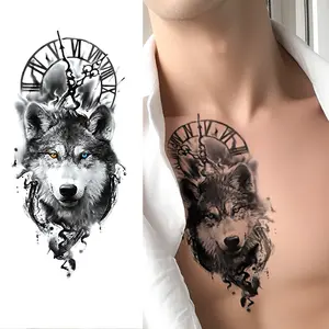 1pc Realistic Two-Color Pupil Wolf And Clock Pattern With Waterproof Temporary Tattoos On The Arms, Chest, Waist, Legs, And Body Art Fake Tattoos Suitable For Both Men And Women, Suitable For Parties, Holidays, And Vacations