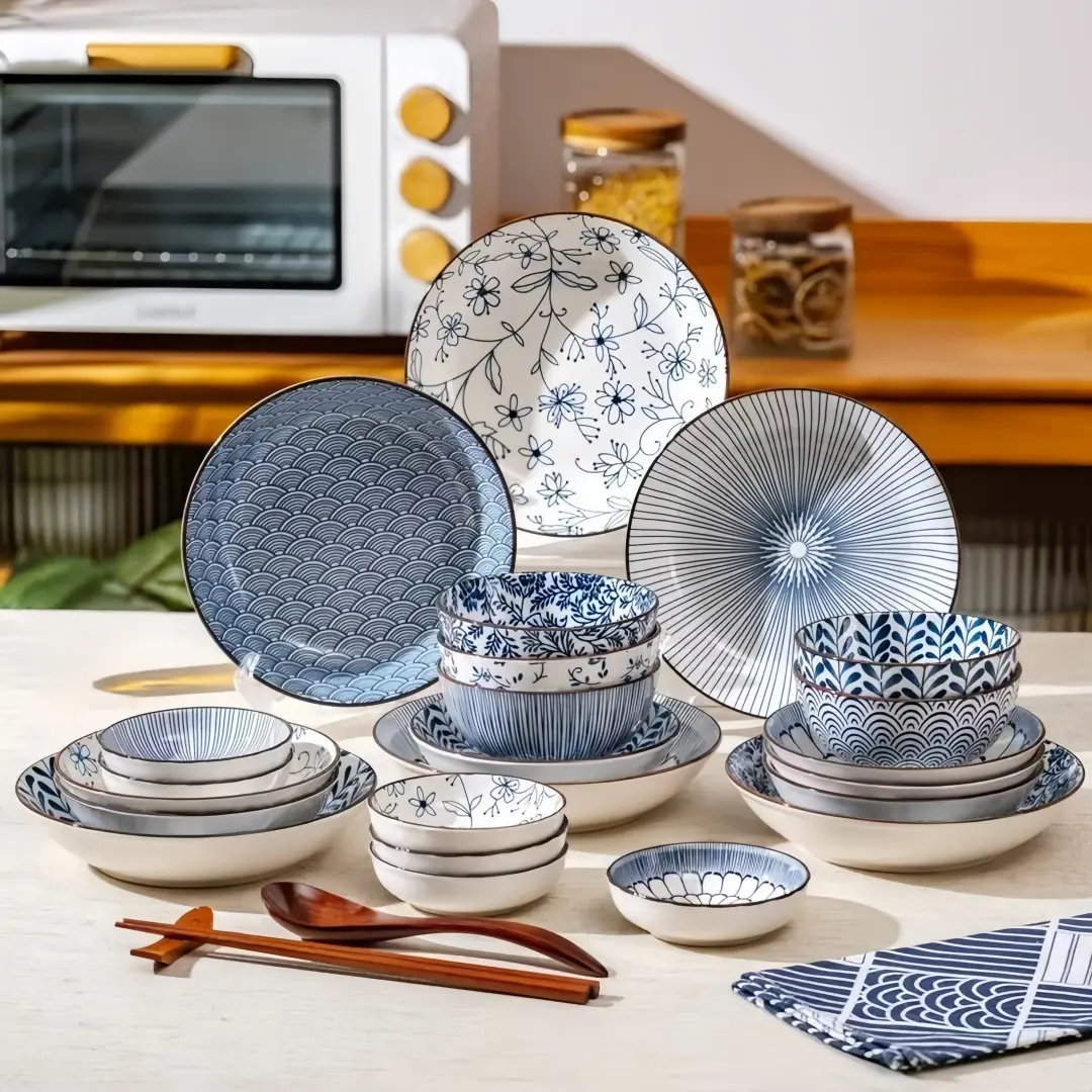 22-Piece Japanese Blue Floral Ceramic Dinnerware Set, Tableware Dinnerware Sets, Microwave & Dishwasher Safe, Perfect for Home Dining, Ideal Gift for Festivals, Dinnerware Service Set