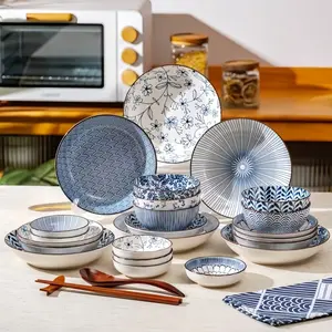 22-Piece Japanese Blue Floral Ceramic Dinnerware Set, Tableware Dinnerware Sets, Microwave & Dishwasher Safe, Perfect for Home Dining, Ideal Gift for Festivals, Dinnerware Service Set