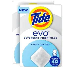 Tide evo Free & Gentle Laundry Detergent Tiles, Fragrance-Free, 40 Medium Sized Loads, Easy to Use, Safe for All Machines and Water Conditions