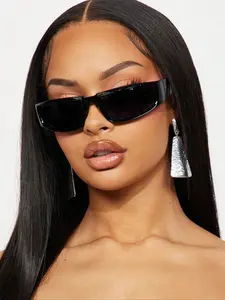 Unisex Black Slim Rectangle Lightweight Design All Seasons Sunglasses | Y2K Baddie Festival Travel Shades | Trendy Retro UV Protection Eyewear