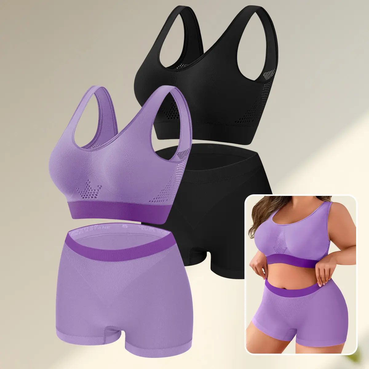 Morelect Women's Plus Size Seamless Underwear Set - Wireless Full Coverage Bra, High Waist Plain Slimming Boyshorts, Breathable Tummy Control No-Show Basics, Sweat-Absorbing Ladies' Underwear