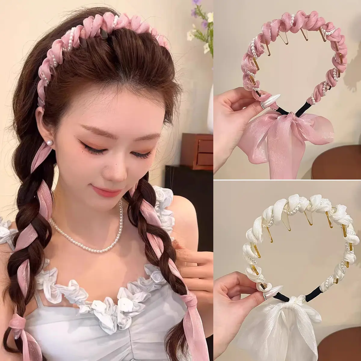 AWAYTR 2-Pack Women's Elegant Woven Headbands with Long Tulle Ribbon Bow Decor & Faux Pearls, Chic Hair Accessory with Non-Slip Teeth for Wedding Guest, Chic Headbands, Elegant Wavy Headband