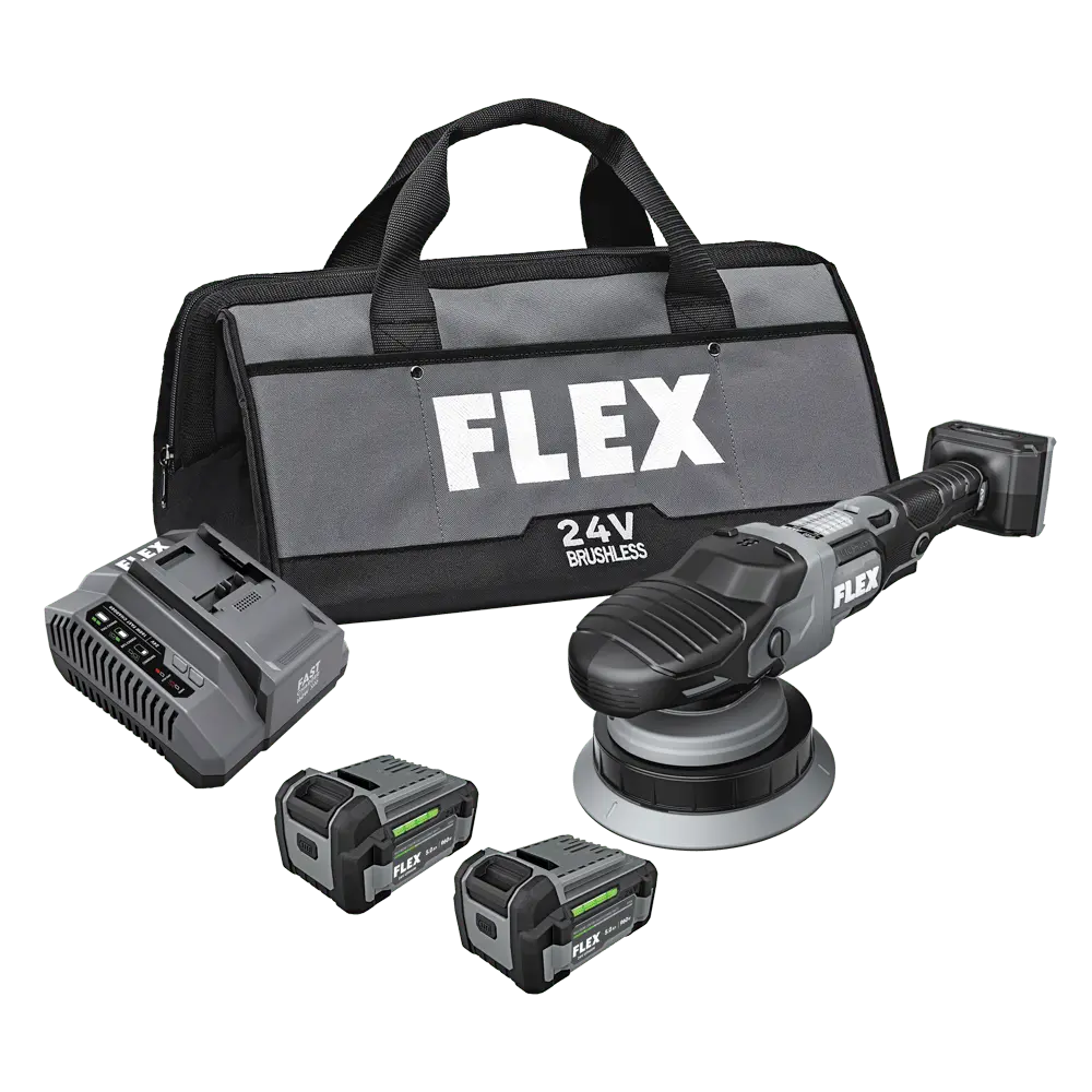 24V Gear-Driven Orbital Polisher Kit (FX3331) - Flex Cordless, 5-in Backing Plate, 11-Speed Control Dial, 160W, Constant Speed, Battery, Includes Allen Key, 6-Inch Backing Plate