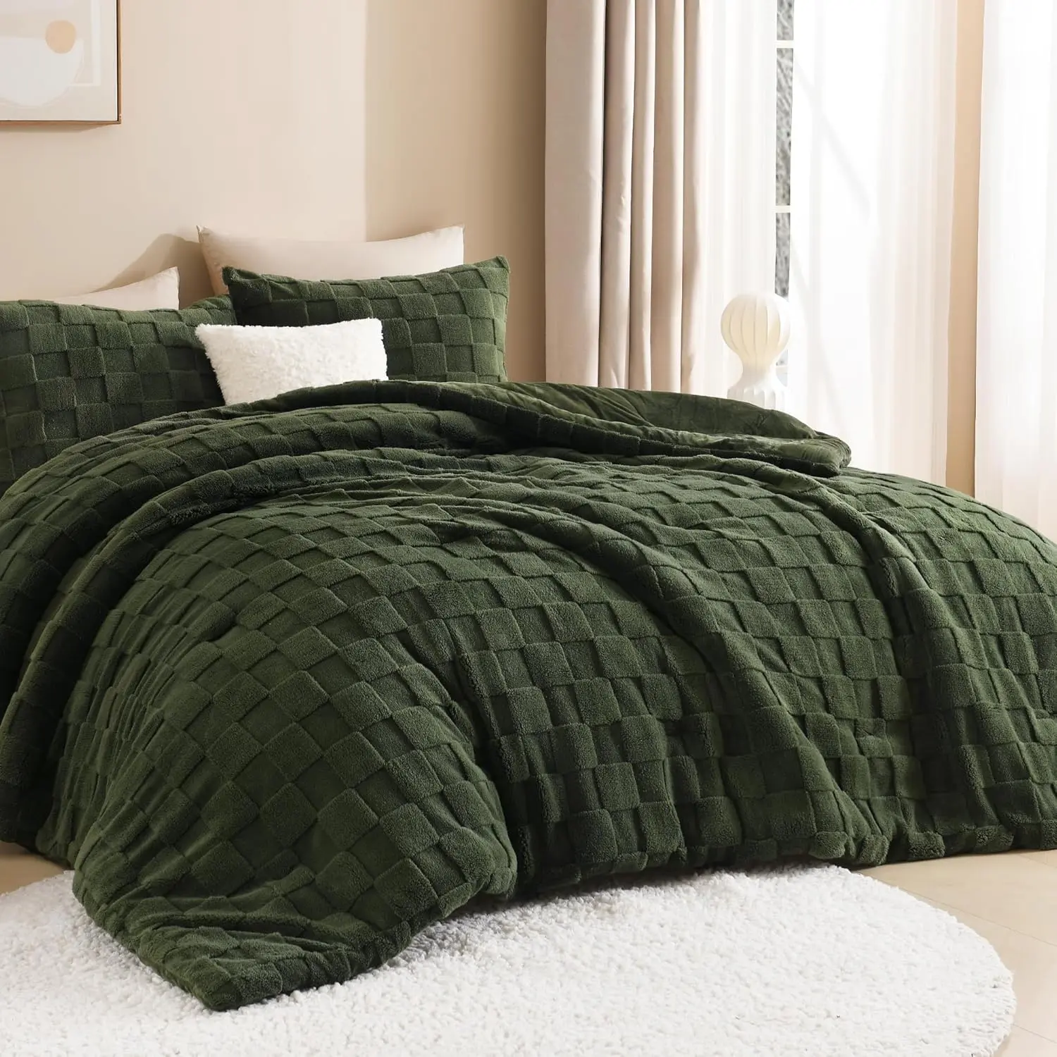 Olive Green 3-Piece Cozy Bed Setup Bedding Set - Warm Sherpa Fleece Winter Bedding, Jacquard Knit Checkered Blanket, 1 Comforter, 2 Pillowcases for Bedroom Use (90x90 in), Silky Sheets