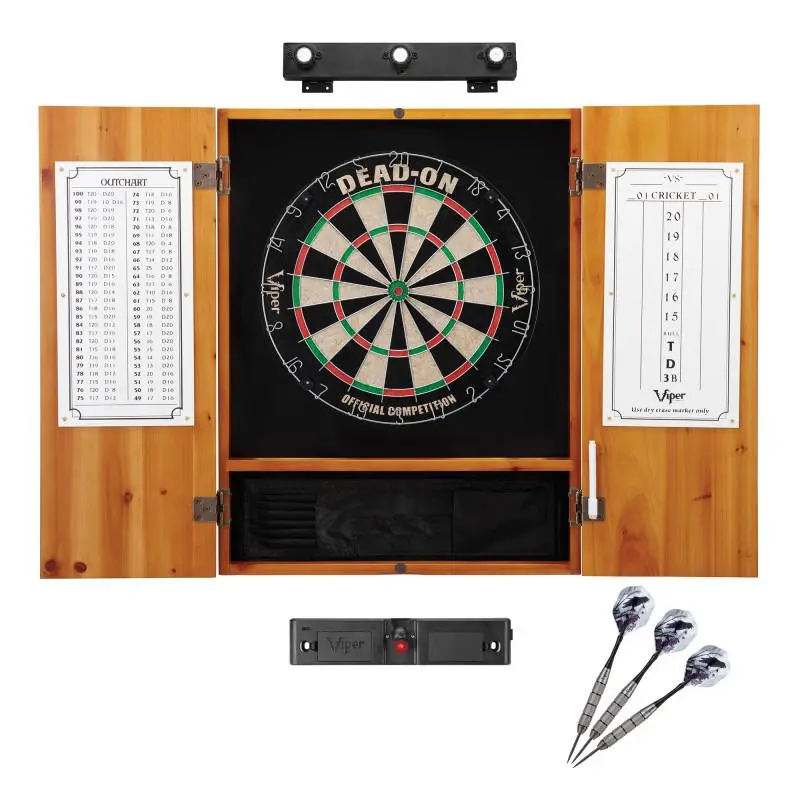Solid Pine Dartboard Cabinet Set, Classic Style for Game Rooms with Regulation Self-Healing Sisal Darts Board, LED Lights & Laser Throw Line, Wood