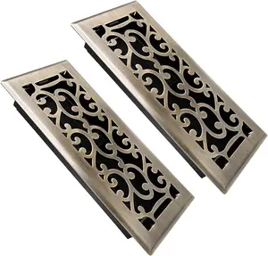 4x10 Inches Air Floor Vents Register Ease Adjust Air Flow Savannah Design-Heavy Duty Walkable Steel Decorative Floor Vent for Room - Antique Brass Floor Vent Covers - 2 Pack