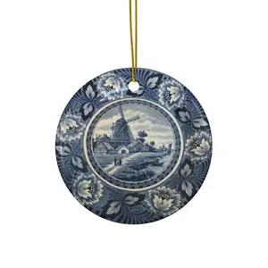 Blue Windmill Ceramic Ornaments, Christmas Gift - Circle, Star, Heart, Oval Shapes