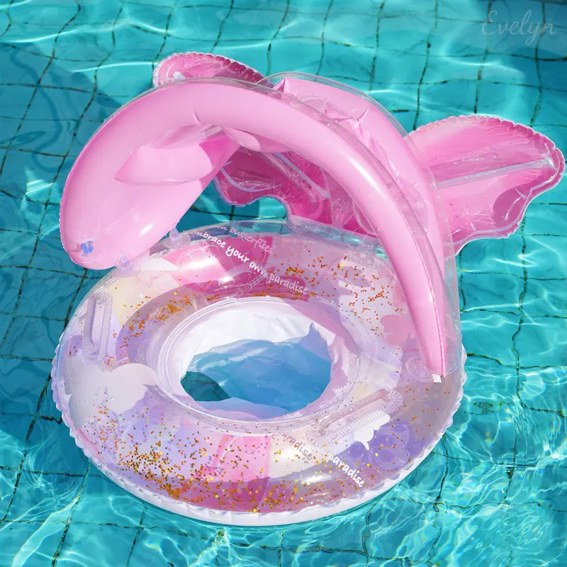 0-4 Years Old Baby Inflatable Mermaid Tail Swim Seat Infant Floatie with Sun Shade Canopy, Butterfly Print, Anti-Slip Waist, Leak-Proof Design for Summer Pool Aquatic Fitness Use, Swimming Float