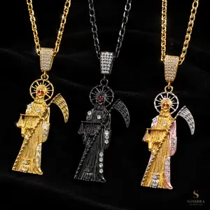 Santa Muerte Pendant Necklace, Holy Death Reaper Gothic Charm with Cuban Link Chain, Protective Talisman Jewelry, Iced Out Unisex Hip Hop Streetwear Gift