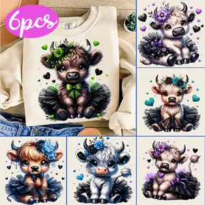 6 Pack High-Land Cow Princess Dress Pattern Heat Transfer Vinyl Stickers T Shirt DIY Foil Design Crafts Art for Clothing Enthusiasts Printing Decals Multicolor DIY Material