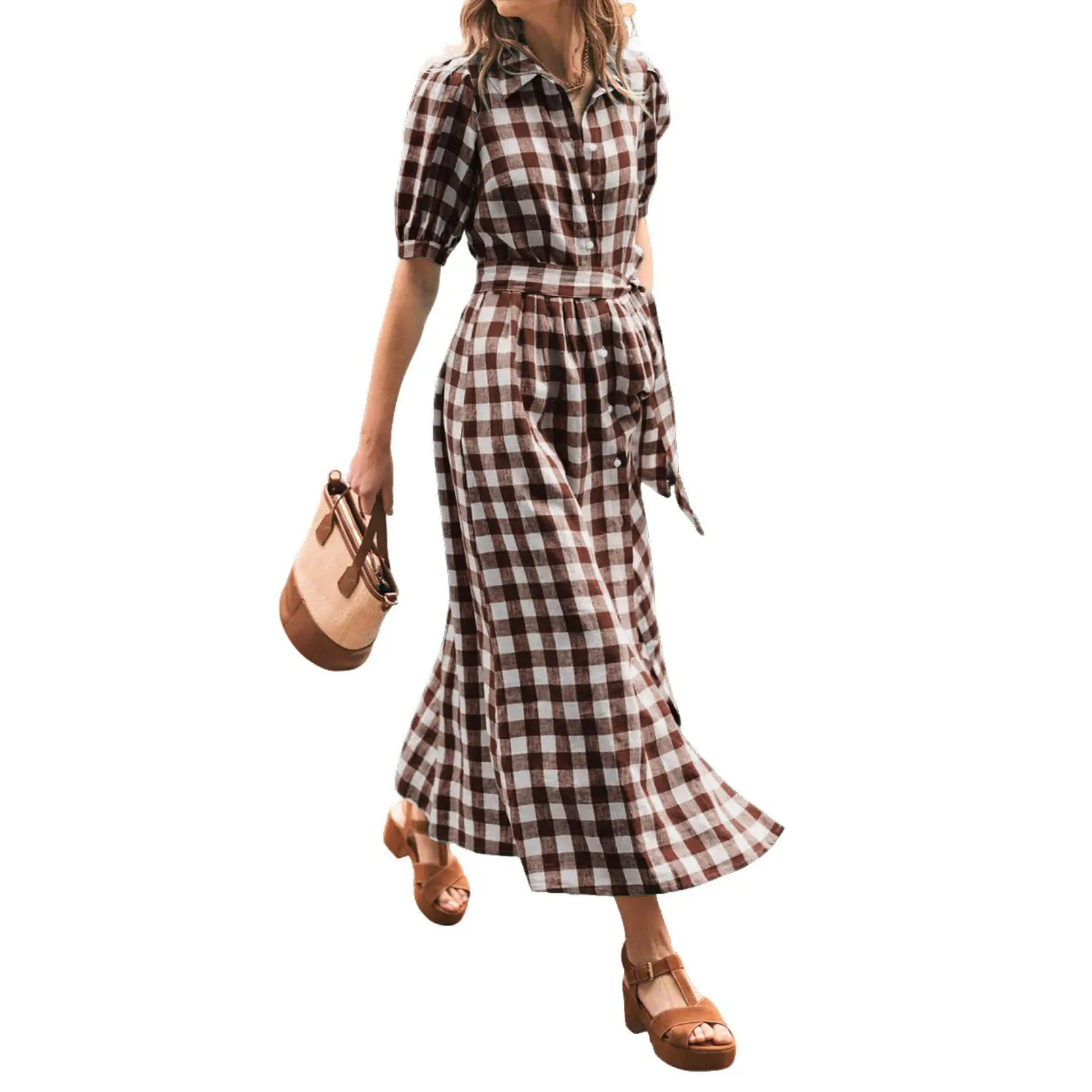 CHARTOU Women's Vintage Gingham Style Summer Dress, Puff Short Sleeves, Button-Down Long Shirt Dress with Belt, Day Wear, Pockets, Puff Sleeve, Cotton, Checkered Print, Short Sleeve Checkered Casual Dresses