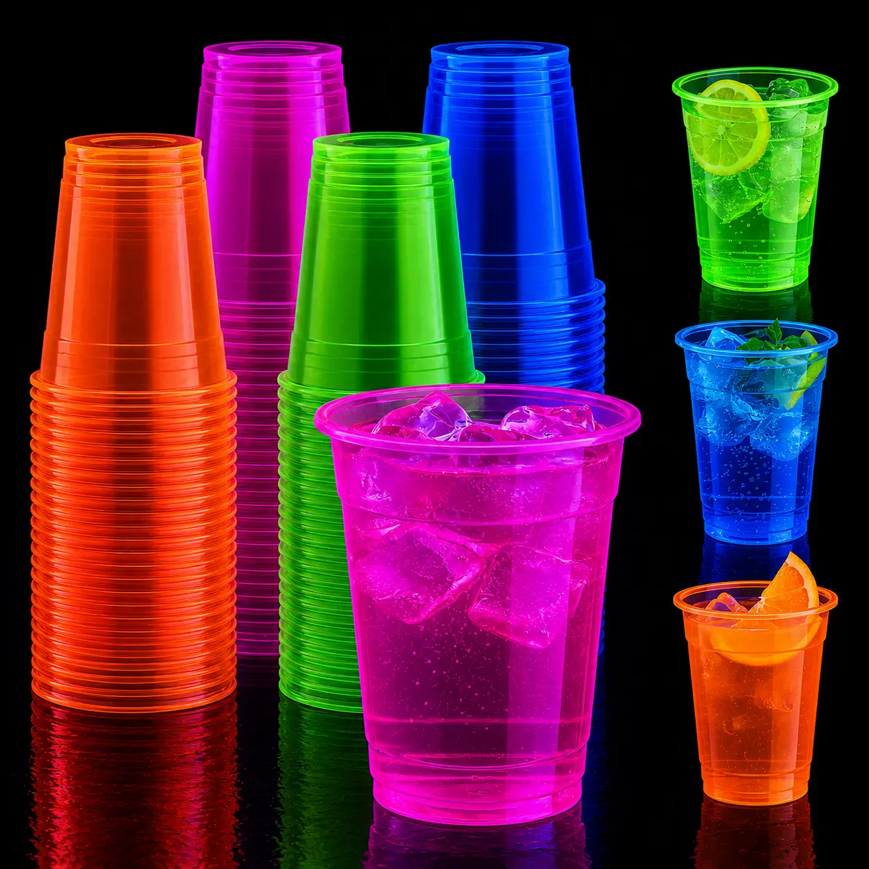 100pc 12oz/16oz Disposable Bulk Case Blacklight Plastic Cups | Neon Cups for Cold Drinks, Juices | Restaurant Supply Party Disposable Glow In The Dark,reusable cup,christmas event,party catering supply,backtoschool