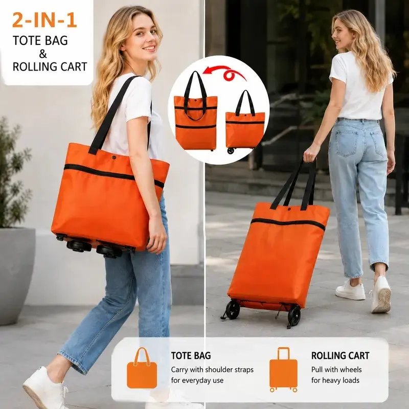 Foldable Shopping Trolley Bag with Wheels, Portable Reusable Grocery Tote, Large Capacity Waterproof Multi-Purpose Shopping & Storage Bag，Lightweight Rolling Shopping Cart Bag with Carry Handles for Supermarket, Travel, Laundry and Daily Use