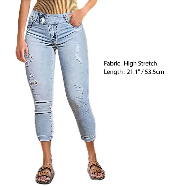 Flamingals Double Button Ripped Roll Hem Mid Waist Capri Jeans Womenswear