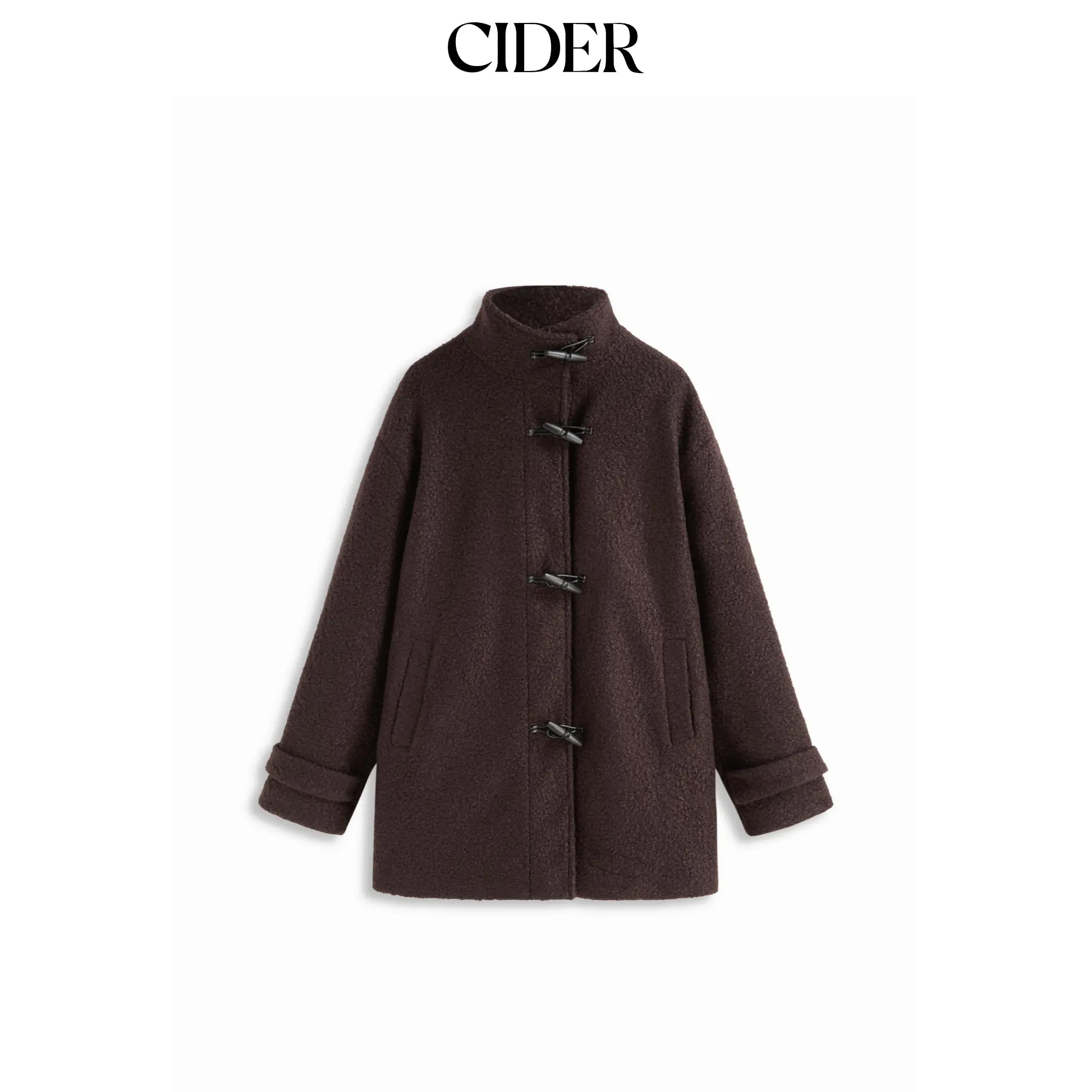 Cider Coat for Women, Solid Wool-Look Oversized Longline Jackets with Stand Collar and Toggle Buttons, Tops, Basic, Casual