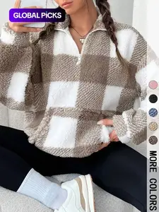 Women's Plaid Half Zip Drop Shoulder Fleece Sweatshirt, Casual Style Long Sleeve Collar Pullover for Spring & Fall, Ladies Clothes for Daily Wear, Womenswear, Tops