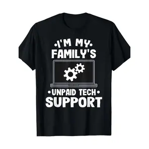 Men's Cotton Fabric T-Shirt - Round Neck, Breathable Short-Sleeve Menswear Clothes, Classic Soft Casual Top with Funny "I Am Free Technical Support from My Family" Graphic for Computer Engineers