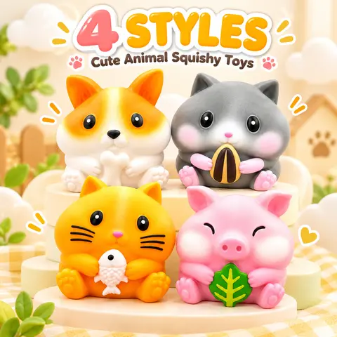 Cute Animal Squishy Toy – Soft Slow Rising Squeeze Stress Relief Fidget Toy for Kids Adults, 4 Styles Corgi Cat Pig, Kawaii Sensory Desk Toy, Christmas Stocking Stuffer Gift