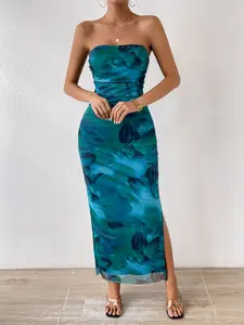 Spring Mesh Floral Strapless Bodycon Maxi Dress Ruched Tube Long Dresses with Slit