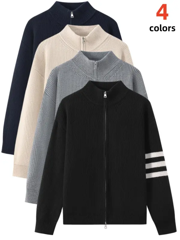 Men's 3-Stripe Sleeve Stand Collar Full Zip Knitted Cardigan Sweater | Thick Warm Soft Stretchy Loose Fit Casual Knit Outerwear For Men Daily Street Autumn Winter Outfits