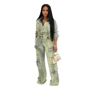 LY Women’s Winter Long-Sleeve Denim Jacket & Jeans Set – Fitted Stretch Denim Pantsuit, Basic Minimalist Blue Streetwear