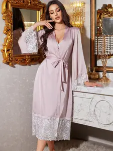 Women's Silky Satin Lace Soft Sleepwear & Loungewear Set, V-Neck Bow Tie Fitted Design, Embroidered Hem & Sleeves, Elegant Home Resting Wear, Luxurious Morning Robe Scene