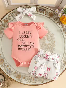 Summer Baby Girl 3-Piece Set, Cute Short Sleeve Letter Tri-Blend Romper, Floral Waistband Shorts, Headband, Ages 0-1 Year