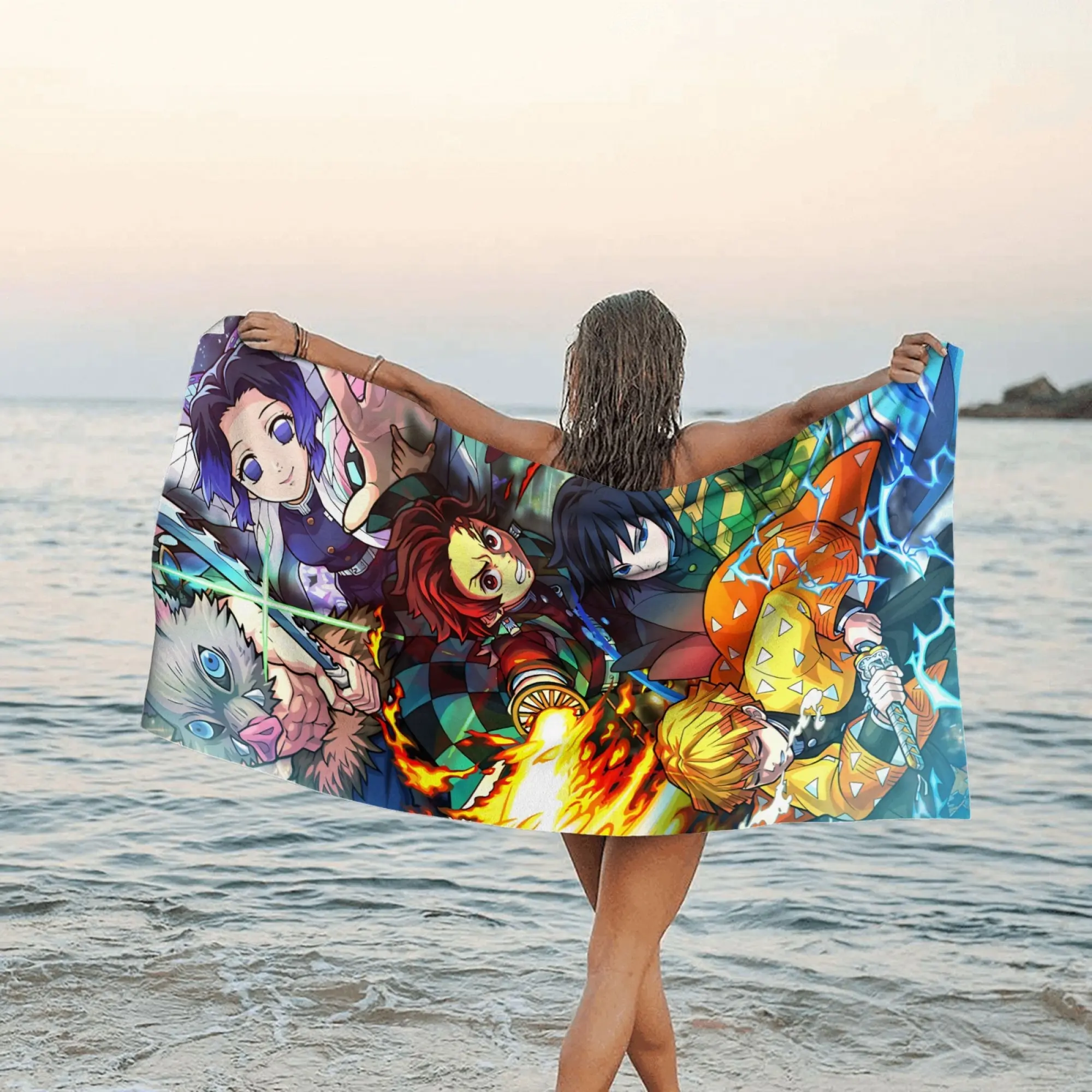 Demon Slayer All Characters Beach Towel, Microfiber Quick Dry Soft Absorbent Towel for Beach Pool Gym Travel