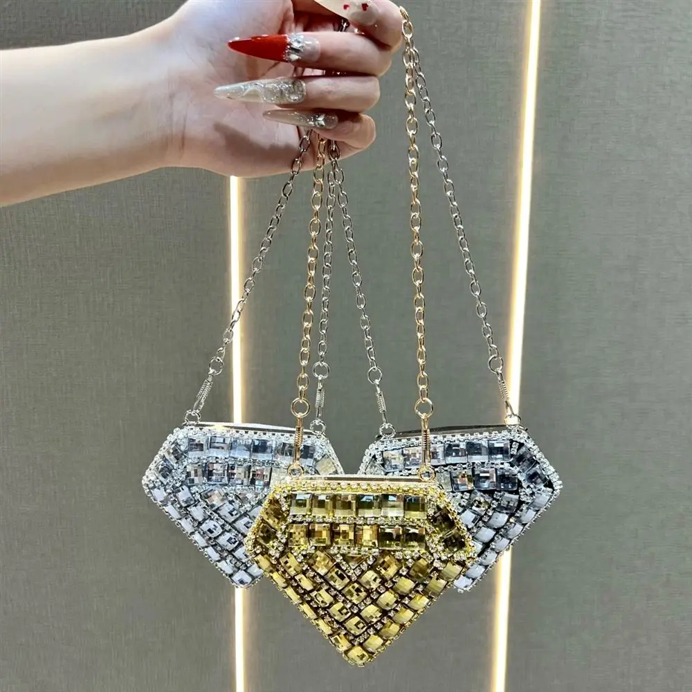 Women's Fashionable Purse - Mini Rhinestone Clutch with Heart-Shaped Stones, Polyester Chain Strap Accessory for Banquet, Evening Occasions, Sparkling Stones