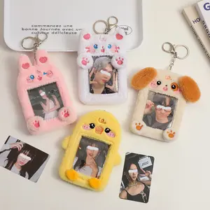 Cute Plush Animal Keychain Card Holder, 3 Inch Instant Film Love Idol Small Card Protector, School ID Card Storage Organizer