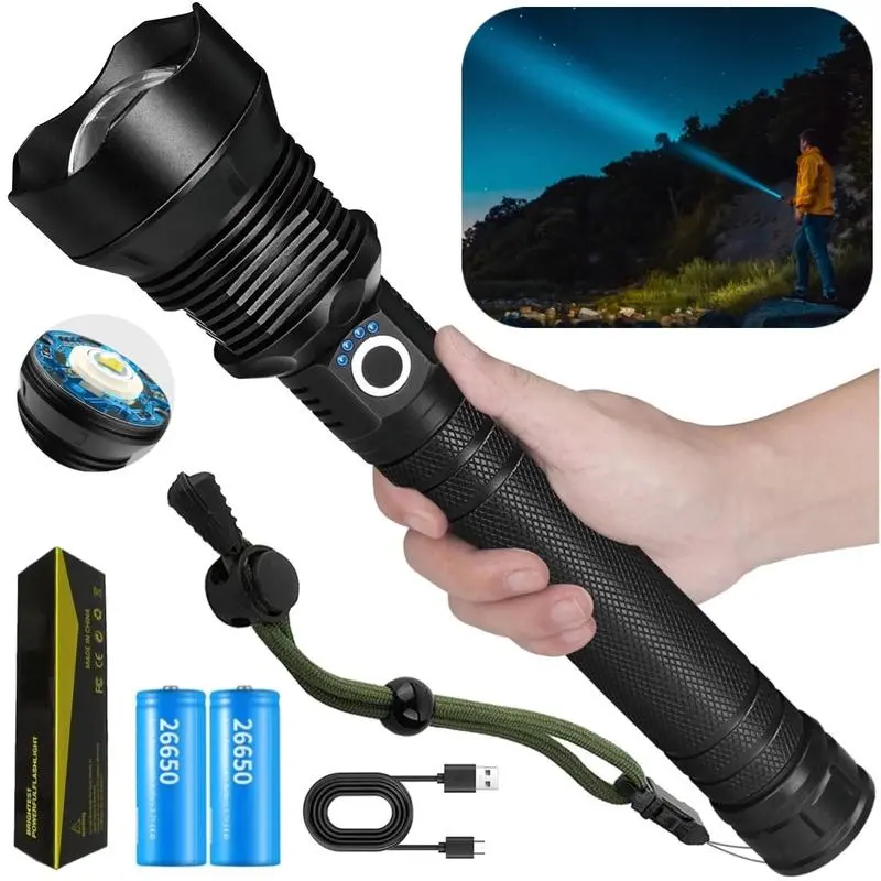 High-Power Ultra-Bright Retractable Zoom LED Flashlight, IP65 Waterproof, Long-Lasting Batteries, Fast-Charging via USB Cable, Portable Outdoor & Home Improvement Lighting Essential